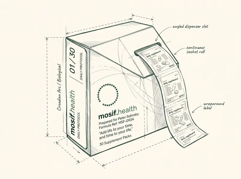 Sketch of the mosif dispenser box: a 30-day pack labelled with your name and formula, with a continuous roll of daily supplement sachets feeding out of an angled slot.